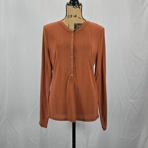 Anthropologie‎ Women Soft Ribbed Henley L Rust Terracotta Long Sleeve Minimalist